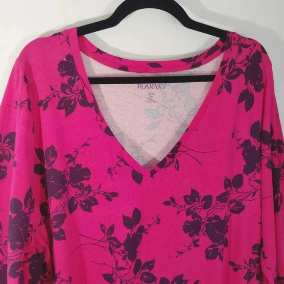 CLEARANCE Roamans L Top Pink Berry Floral Black Rose Print Comfy Plus Size 2X - Picture 10 of 11
